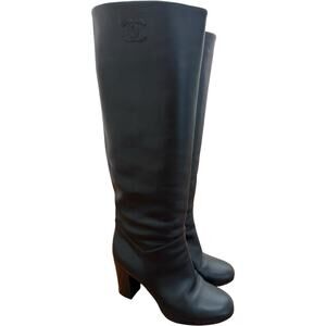CHANEL Tall Black Leather Knee High Boots Size 38 CC Logo Block Heel